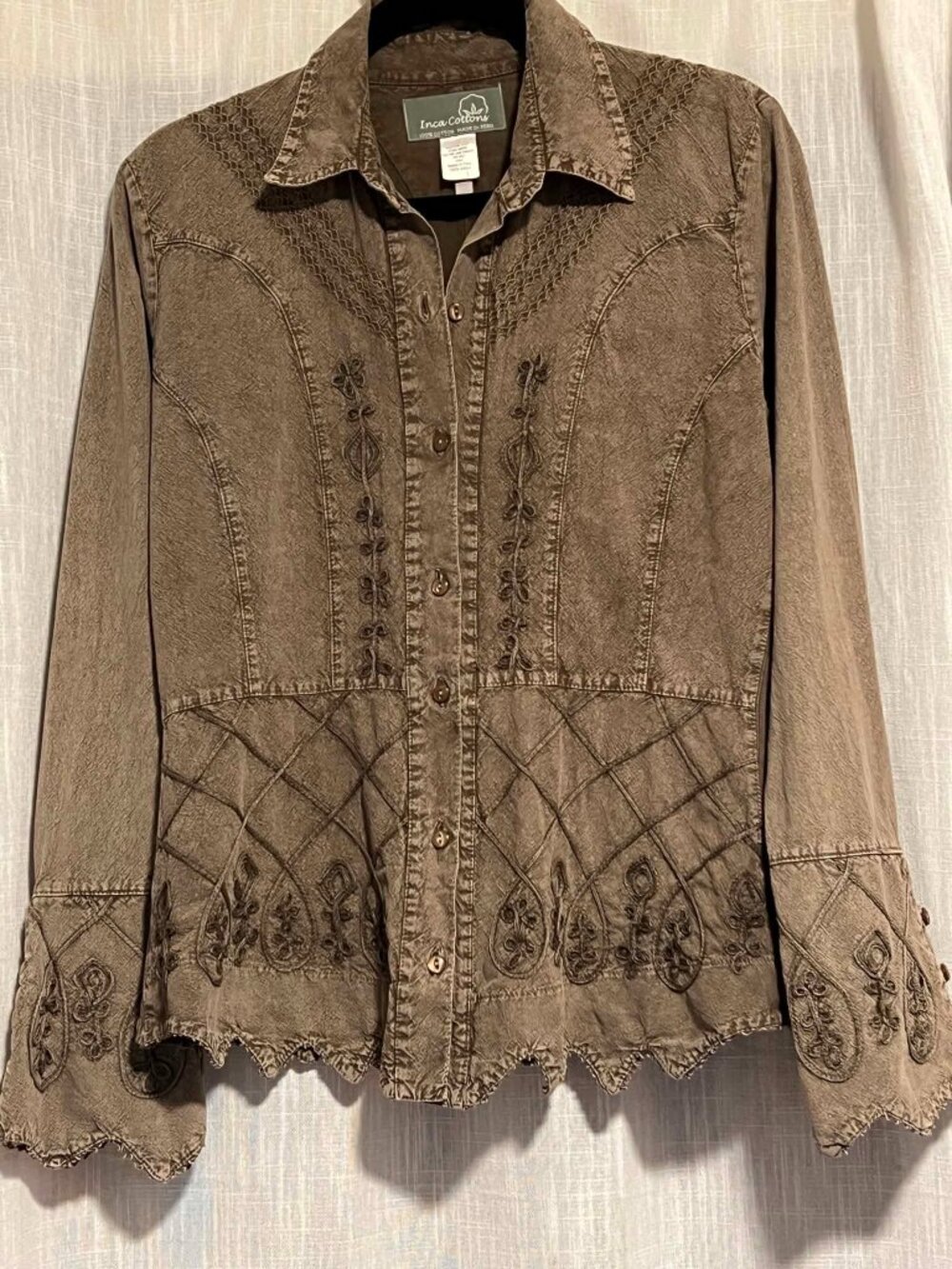 Inca Long Sleeve Shirt/Lt Jacket 100% Peruvian Cotton Brown Wash Size L